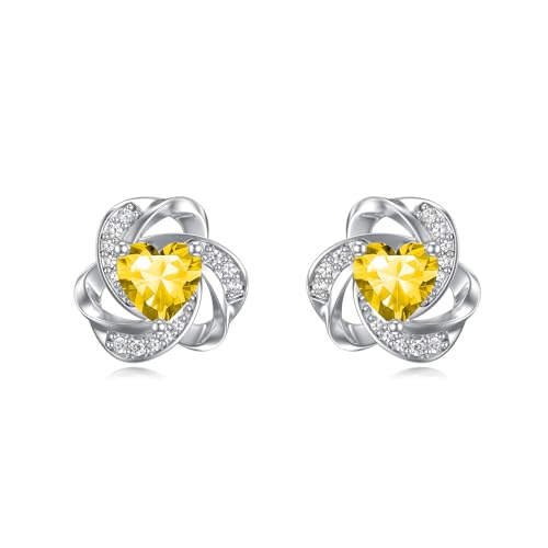 Flpruy Love Knot Ohrringe S925 Sterling Silber November Birthstone Ohrstecker Citrin Ohrringe mit Herz Birthstone Schmuck Geschenke für Mama Damen Mädchen Geburtstag von Flpruy