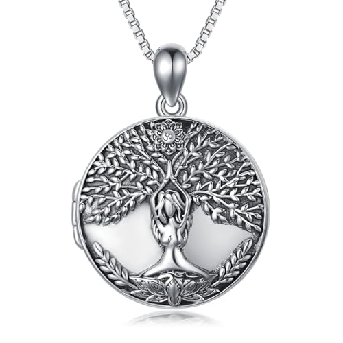 Flpruy Medaillon-Halskette aus 925er Sterlingsilber Medaillon zum Öffnen mit Bild Baum des Lebensbaum Göttin Halskette Amulett zum Öffnen Erinnerungsfotos Schmuck Geschenk für Frauen Männer von Flpruy