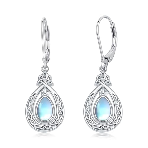 Flpruy Mondstein Ohrringe Irisch Keltischer Knoten Tropfen Ohrringe 925 Sterling Silber Leverback Creolen Wicca Schmuck Geschenke für Damen Frauen Kinder Tochter Weihnachts von Flpruy
