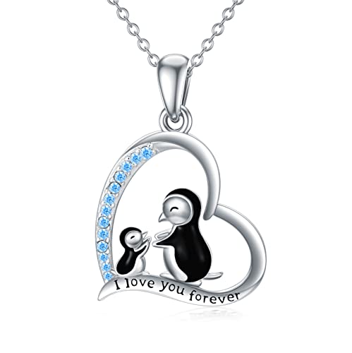 Flpruy Pinguin Kette Damen 925 Silber Herz Pinguin Anhänger Mutter Kind Herz Halskette Schmuck Geschenke für Frauen Tochter von Flpruy