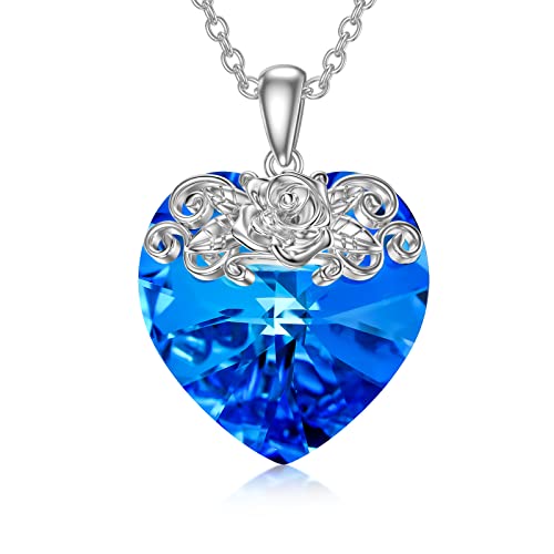 Flpruy Rose Kette Damen 925 Sterling Silber Herz Blaue Kristall Anhänger Kette Herzkette Kristalle Schmuck mit Geschenkbox Hochzeitstag Geburtstags Geschenke für Frauen Freundin Mama von Flpruy