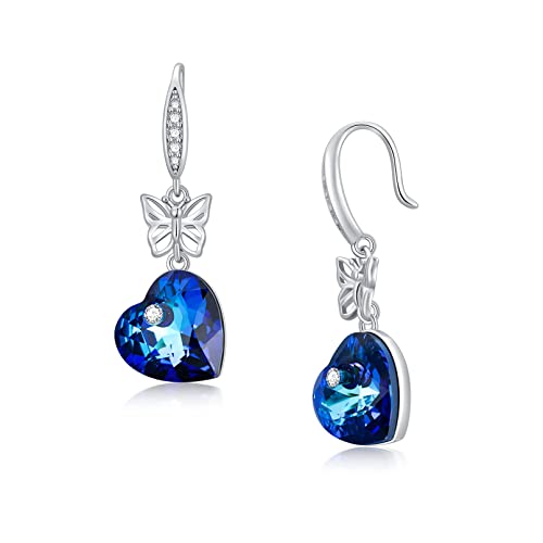 Flpruy Schmetterling Ohrringe Silber 925 Damen Schmetterling Geschenke Blauer Herz Kristall Hängend Leverback Ohrringe Schmuck Geburtstag Geschenke für Sie Mädchen Mutter Damen von Flpruy