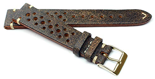 Fluco 18mm Racing Rallye Vintage Rindsleder Uhrenarmband handgemacht in Deutschland Robust braun Weiße Naht von Fluco