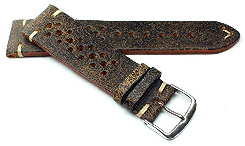 22mm Fluco Racing Rallye Vintage Rindsleder Uhrenarmband handgemacht in Deutschland Robust braun weiße Naht von Fluco