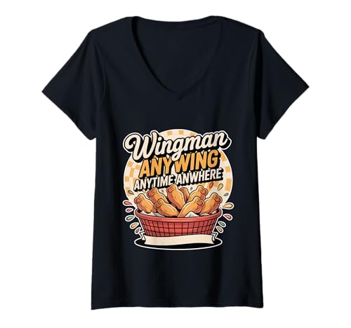 Damen Wingman Anywing Anytime Anywhere Hühnchen -Verlangen - T-Shirt mit V-Ausschnitt Damen Wingman Anywing Anytime Anywhere Hühnchen -Verlangen - T-Shirt mit V-Ausschnitt von Flügelkomfort Hühnerfanatiker