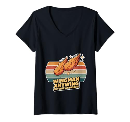 Damen Wingman Anywing Anytime Anywhere Hühnchen -Verlangen - T-Shirt mit V-Ausschnitt Damen Wingman Anywing Anytime Anywhere Hühnchen -Verlangen - T-Shirt mit V-Ausschnitt von Flügelkomfort Hühnerfanatiker