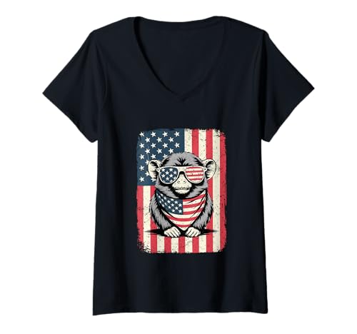 Damen Patriotische Pygmy Marmoset Sonnenbrille Bandana USA Flagge T-Shirt mit V-Ausschnitt Damen Patriotische Pygmy Marmoset Sonnenbrille Bandana USA Flagge T-Shirt mit V-Ausschnitt von FluffNation