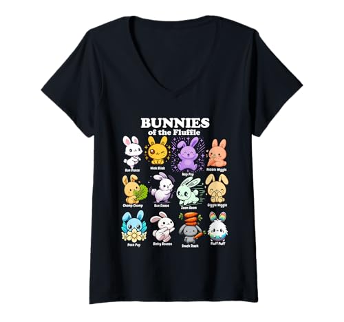 Damen Niedliche Hasen des Fluffle Kawaii Bunny Cartoon Kaninchen T-Shirt mit V-Ausschnitt Damen Niedliche Hasen des Fluffle Kawaii Bunny Cartoon Kaninchen T-Shirt mit V-Ausschnitt von FluffleWear Co.