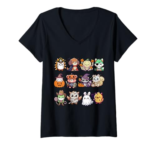 Damen Niedliche gruselige Tiere Monster Fluffle in Halloween-Kostümen T-Shirt mit V-Ausschnitt Damen Niedliche gruselige Tiere Monster Fluffle in Halloween-Kostümen T-Shirt mit V-Ausschnitt von FluffleWear Co.