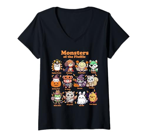 Damen Niedliche gruselige Tiere flusen in lustigen Halloween-Kostümen T-Shirt mit V-Ausschnitt Damen Niedliche gruselige Tiere flusen in lustigen Halloween-Kostümen T-Shirt mit V-Ausschnitt von FluffleWear Co.