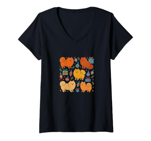 Damen Entzückendes Zwergspitz-Weihnachtsmuster mit Geschenken T-Shirt mit V-Ausschnitt Damen Entzückendes Zwergspitz-Weihnachtsmuster mit Geschenken T-Shirt mit V-Ausschnitt von Fluffy Cheer Emporium