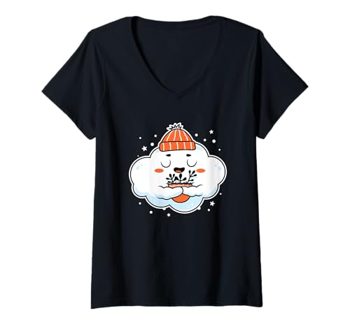Damen Cozy Cloud Holding Kakao Winter Design T-Shirt mit V-Ausschnitt von Fluffy Vibes Studio