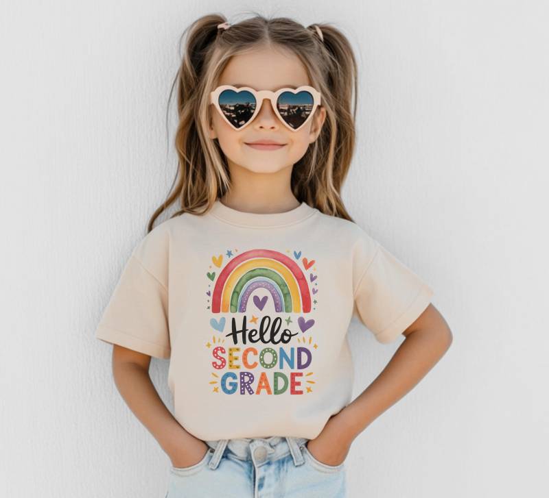 Hallo Zweite Klasse Shirt Regenbogen Erster Tag Der Schule Outfit Zurück in Der T-Shirt Mädchen Süßes Bild von FluffytailApparel