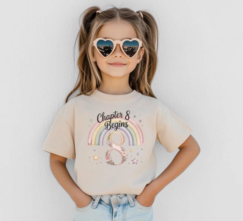 Kapitel 8 Beginnt Geburtstag Shirt Für Mädchen Pastell Regenbogen Blumen T-Shirt 8. Outfit Nettes Geschenk Tochter Kinder Drehen Acht Jahre Alt von FluffytailApparel