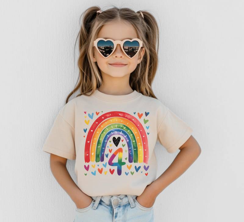 Kleinkind Mädchen Geburtstag Shirt Ich Bin Schon 4 Jahre Alt Aquarell Regenbogen Kinder Geschenk Benutzerdefinierte Name T-Shirt Für Vierter von FluffytailApparel