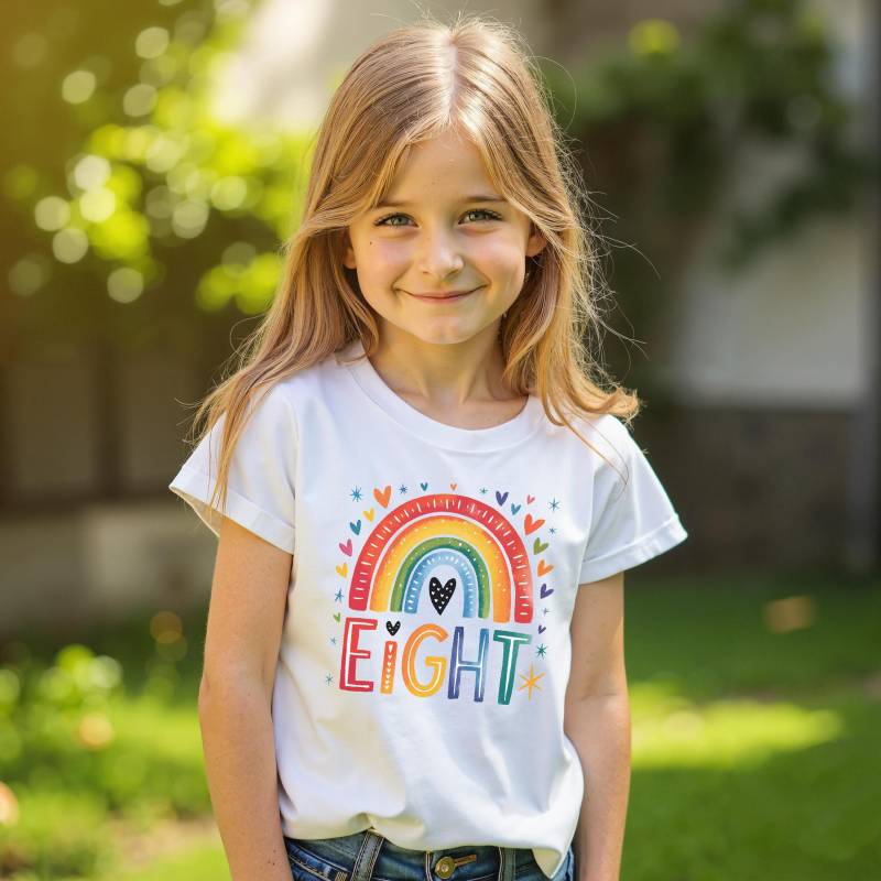 Mädchen Geburtstag Shirt Ich Bin Schon 8 Jahre Alt Aquarell Regenbogen Kinder Geschenk Benutzerdefinierter Name T-Shirt Für Achter Geburtstagskind von FluffytailApparel