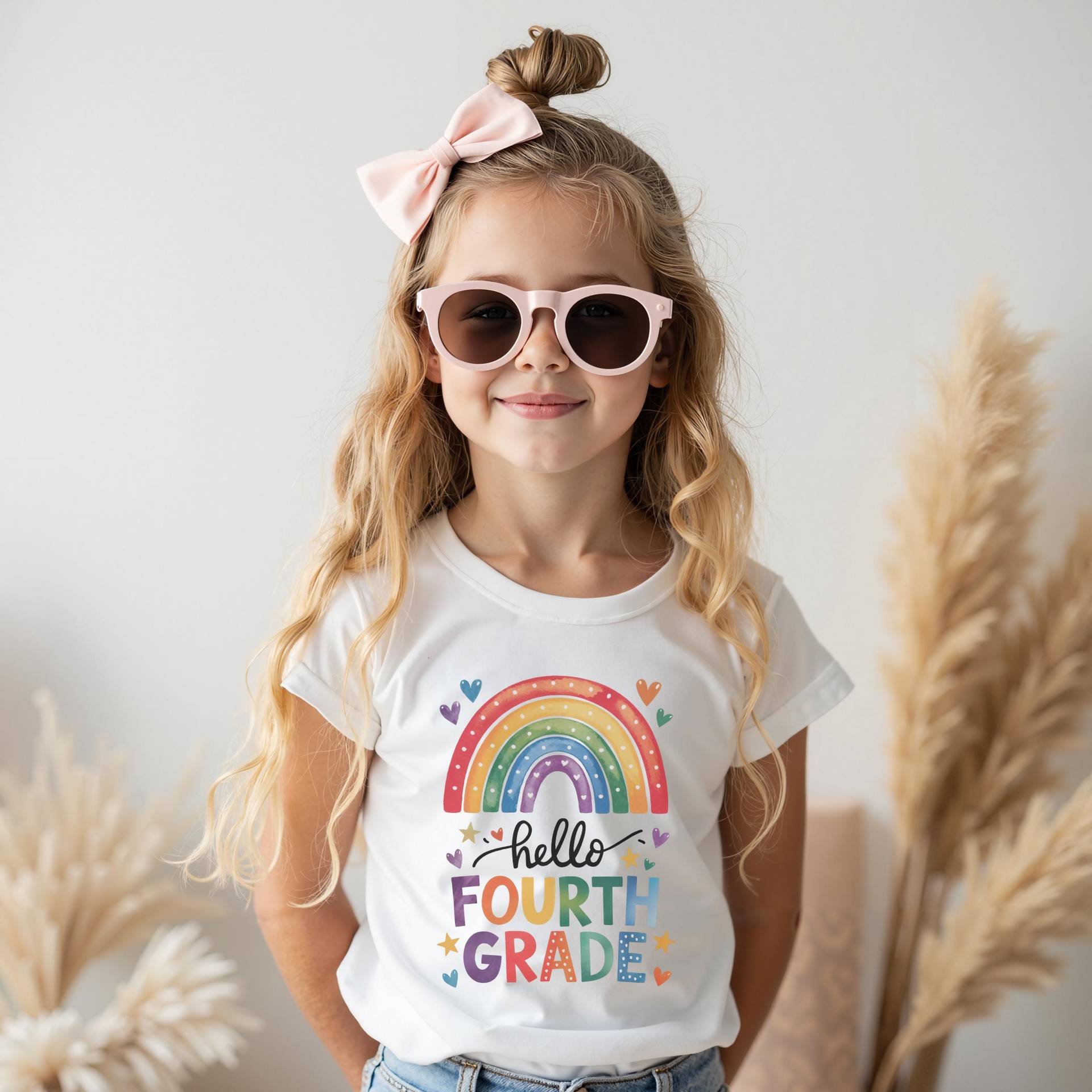 Regenbogen Hallo Vierte Klasse Shirt Beige Zurück Zu Schule T-Shirt Niedlicher Erster Tag Der Outfit Mädchen Bild von FluffytailApparel