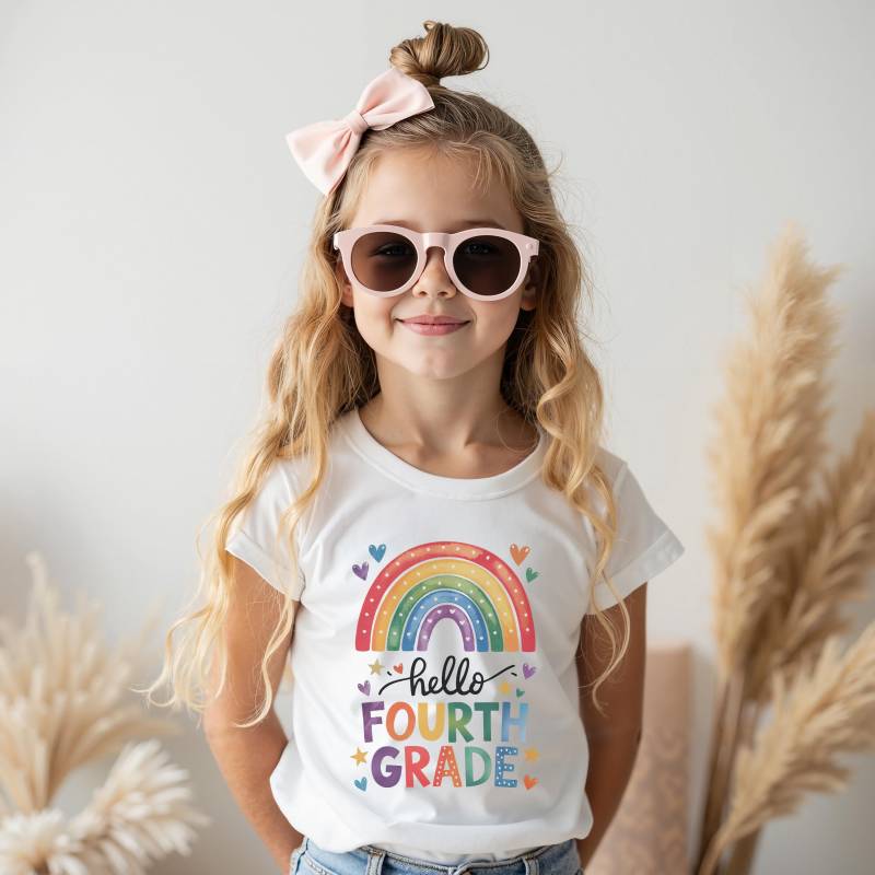 Regenbogen Hallo Vierte Klasse Shirt Beige Zurück Zu Schule T-Shirt Niedlicher Erster Tag Der Outfit Mädchen Bild von FluffytailApparel