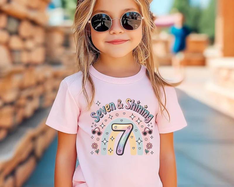 Sieben Und Glänzende Geburtstag T-Shirt Für Mädchen Pastell Regenbogen Shirt 7.geburtstag Geschenk Kinder Outfit Die Tochter Drehen Sieben Jahre Alt von FluffytailApparel