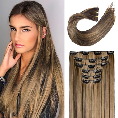 FLUFYMOOZ 6PC Clip in Hair Extensions, 6-teiliges Clip-in-Haarverlängerungsset, 61 cm, glatt, lang, Extensions für Frauen, synthetisches Haarteil (Dunkelbraun mit Schmutzblond) von Flufymooz