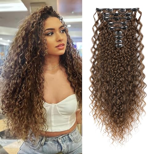 FLUFYMOOZ 9PCS Clip in Hair Extensions, 22 Inch Clip in Haarverlängerungen lockige Haarverlängerung, lange, weiche synthetische Haarteile für Frauen Dunkelbraun zu Karamellbraun von Flufymooz
