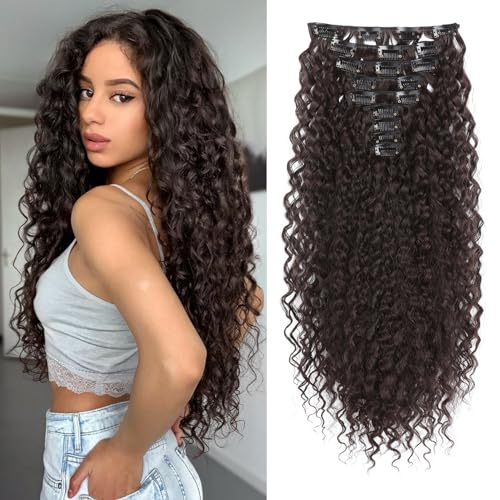 FLUFYMOOZ 9PCS Clip in Hair Extensions, 22 Inch Clip in Haarverlängerungen lockige Haarverlängerung, lange, weiche synthetische Haarteile für Frauen Dunkelrötlichbraun von Flufymooz