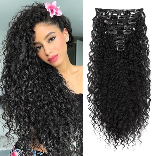 FLUFYMOOZ 9PCS Clip in Hair Extensions, 22 Inch Clip in Haarverlängerungen lockige Haarverlängerung, lange, weiche synthetische Haarteile für Frauen Schwarz von Flufymooz