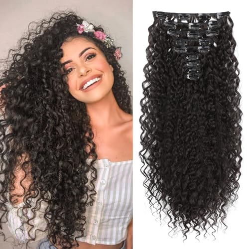 FLUFYMOOZ 9PCS Clip in Hair Extensions, 22 Inch Clip in Haarverlängerungen lockige Haarverlängerung, lange, weiche synthetische Haarteile für Frauen Schwarzbraun von Flufymooz