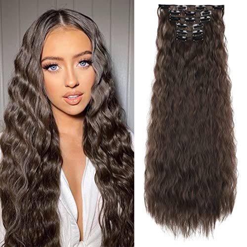 FLUFYMOOZ Clip in Extensions, 61cm 6PCS Lange gewellt Wellige Clip in Haarverlängerungen Dickes Natürliches Weiches Synthetisches Haarteil Für Frauen Mädchen Dunkles Schokoladenbraun von Flufymooz