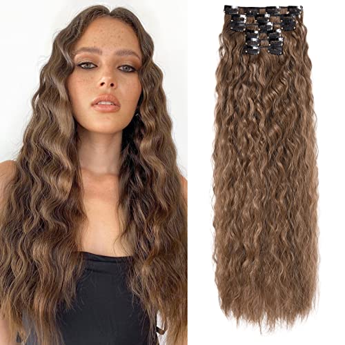 FLUFYMOOZ Clip in Extensions, 61cm 6PCS Lange gewellt Wellige Clip in Haarverlängerungen Dickes Natürliches Weiches Synthetisches Haarteil Für Frauen Mädchen Mittelbraun mit mittlerem Auburn von Flufymooz