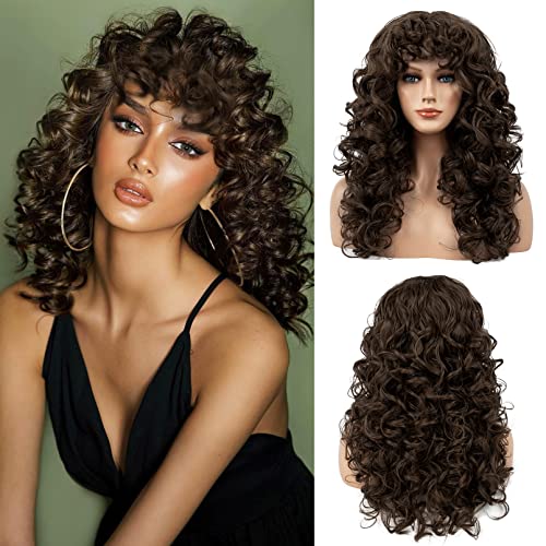 FLUFYMOOZ curly wig with bangs Lockige Perücke mit Pony für Damen, Lange Lockenperücke 50 cm Locken mit dünnem Pony Hitzebeständige Weiche Synthetikperücke für Damen (Dunkelbraun) von Flufymooz