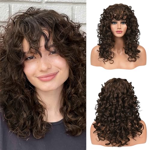 FLUFYMOOZ curly wig with bangs Lockige Perücke mit Pony für Damen, Lange Lockenperücke 50 cm Locken mit dünnem Pony Hitzebeständige Weiche Synthetikperücke für Damen (Walnussbraun) von Flufymooz