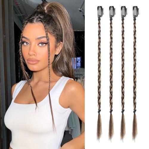 Flufymooz 4PC Braid in Haarverlängerung 35 cm Clip in Braid Extensions für Frauen Synthetische Haarteile für den täglichen Gebrauch Party-Styling (Dunkelbraun mit Dirty Blonde) von Flufymooz