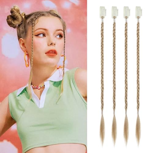 Flufymooz 4PC Braid in Haarverlängerung 35 cm Clip in Braid Extensions für Frauen Synthetische Haarteile für den täglichen Gebrauch Party-Styling (Goldblond mit Highlights) von Flufymooz