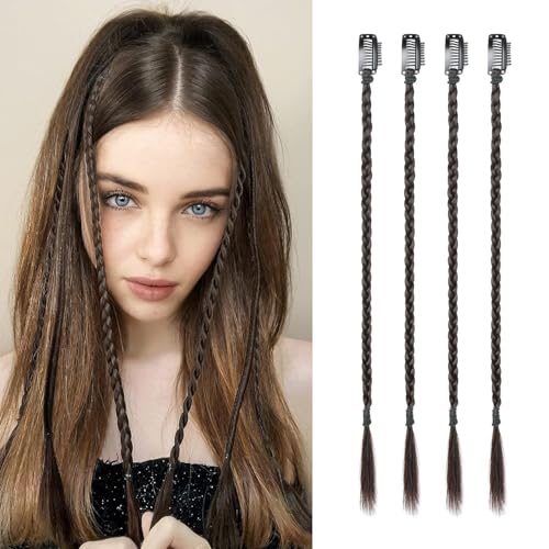 Flufymooz 4PC Braid in Haarverlängerung 35 cm Clip in Braid Extensions für Frauen Synthetische Haarteile für den täglichen Gebrauch Party-Styling (Schwarzbraun) von Flufymooz