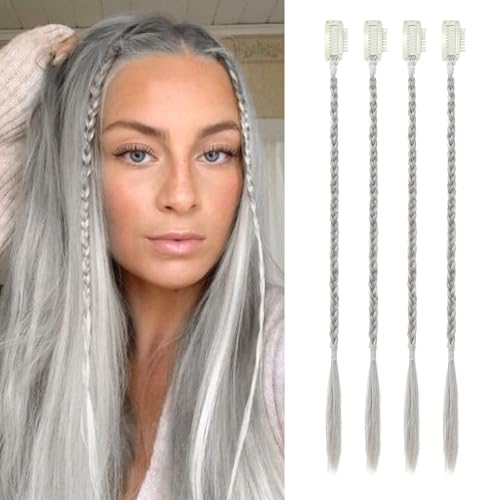 Flufymooz 4PC Braid in Haarverlängerung 35 cm Clip in Braid Extensions für Frauen Synthetische Haarteile für den täglichen Gebrauch Party-Styling (Silbergrau) von Flufymooz