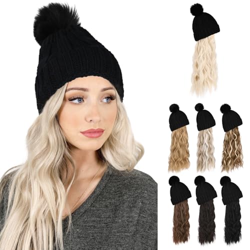 Flufymooz Beanie Perücke, Beanie Wig Hut Haarverlängerung, lang, gewellt, lockig, schwarze Mütze mit Kunstpelz-Bommel, Perückenhut, befestigtes für Frauen im Winter (51cm,Kühle Blonde) von Flufymooz