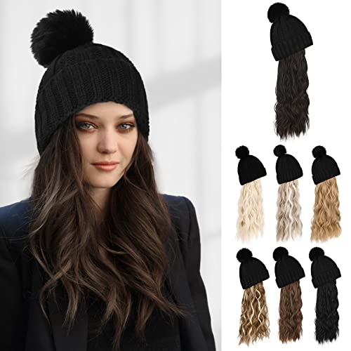 Flufymooz Beanie Perücke, Beanie Wig Hut Haarverlängerung, lang, gewellt, lockig, schwarze Mütze mit Kunstpelz-Bommel, Perückenhut, befestigtes für Frauen im Winter (51cm,Schwarz Braun) von Flufymooz