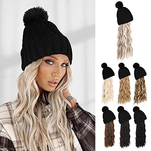 Flufymooz Beanie Perücke, Hut Haarverlängerung lange Wellige schwarze Hut Perücke mit Faux Pelz Pom, befestigt 51 CM Haarstück für Frauen Mädchen Winter (Licht Blonde mit weißer Blonde) von Flufymooz