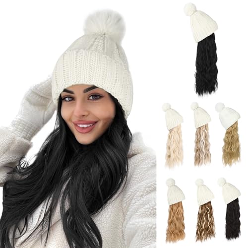 Flufymooz Beanie Perücke Hut, lange Wellige lockige schwarze Haarstück mit Faux Pelz Pom, Hut Perücke befestigt 51 CM synthetisches Haar für Frauen Mädchen Winter (natürlich schwarz) von Flufymooz
