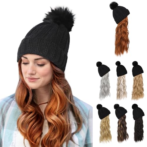 Flufymooz Beanie Perücke Hut, lange Wellige lockige schwarze Haarstück mit Faux Pelz Pom Hut, Perücke befestigt 51 CM synthetisches Haar für Frauen Mädchen Winter (Kupferrot) von Flufymooz