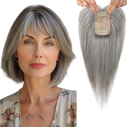 Flufymooz Real Human Hair Toppers for women Echthaar-Topper für Frauen, 26 cm Clip-in-Pony, 100% Echthaar-Topper für dünner werdendes Haarteil, Cover-Haarteil mit 150% Dichte, Seidenbasis-Grau von Flufymooz