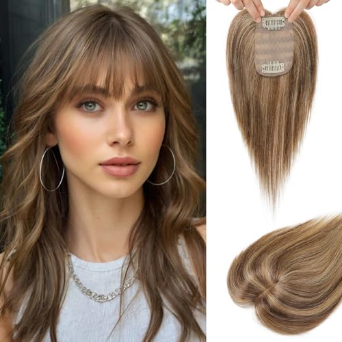 Flufymooz Real Human Hair Toppers for women Echthaar-Topper für Frauen, 26 cm Clip-in-Pony, 100% Echthaar-Topper für dünner werdendes Haarteil, Seidenbasis-Mittelbraun mit Blond von Flufymooz