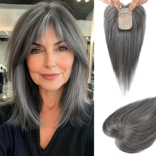 Flufymooz Real Human Hair Toppers for women Echthaar-Topper für Frauen, 26 cm Clip-in-Pony, 100% Echthaar-Topper für dünner werdendes Haarteil, Seidenbasis-Silbergrau mit Braun gemischt von Flufymooz