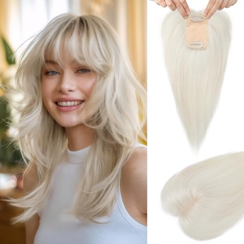 Flufymooz Real Human Hair Toppers for women Echthaar-Topper für Frauen, 26 cm Clip-in-Pony, 100% Echthaar-Topper für dünner werdendes Haarteil, Cover-Haarteil mit 150%, Seidenbasis-Weißblond von Flufymooz