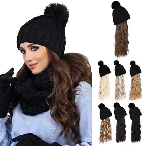 Flufymooz Beanie Perücke, Beanie Wig Hut Haarverlängerung, lang, gewellt, lockig, schwarze Mütze mit Kunstpelz-Bommel, Perückenhut, befestigtes Frauen im Winter (51cm,Mittel Braun mit Mittel Auburn) von Flufymooz