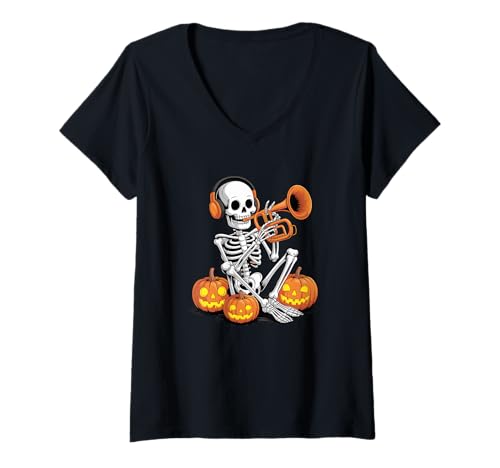 Damen Halloween Skelett Flügelhorn Fluegelhorn Spieler T-Shirt mit V-Ausschnitt von Flugelhorn Player Gifts