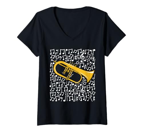 Damen Flügelhorn Musiknoten Hornist Blechbläser Musiker Lehrer T-Shirt mit V-Ausschnitt Damen Flügelhorn Musiknoten Hornist Blechbläser Musiker Lehrer T-Shirt mit V-Ausschnitt von Flugelhorn Player Notation Brass Band By DoodleRob