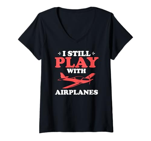 Damen Ich Spiele Immer Noch Mit Flugzeugen Retro Lustig T-Shirt mit V-Ausschnitt Damen Ich Spiele Immer Noch Mit Flugzeugen Retro Lustig T-Shirt mit V-Ausschnitt von Flugzeug Fan Nostalgie Humor