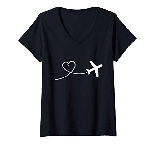 Damen Flugzeug Herz T-Shirt mit V-Ausschnitt von Flugzeug Geschenke